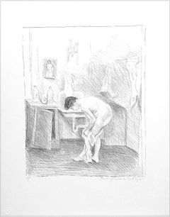 DESPUÉS DEL BAÑO Litografía firmada, Escena interior, Mujer desnuda, Dibujo realista