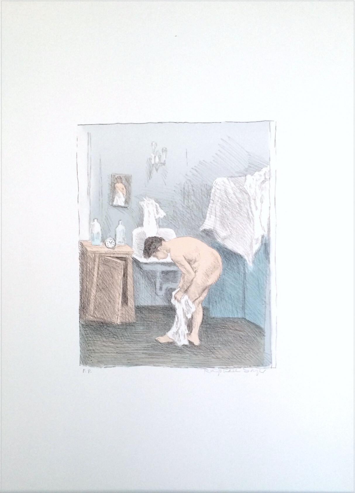 DESPUÉS DEL BAÑO Litografía firmada, Dibujo a lápiz Retrato desnudo, Mujer vistiéndose - Print de Raphael Soyer