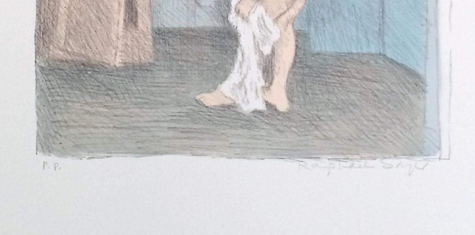 DESPUÉS DEL BAÑO es una litografía original dibujada a mano (no reproducida digital ni fotográficamente) de edición limitada del artista Raphael Soyer - Pintor ruso/americano del Realismo Social, 1899-1987. Impreso con técnicas tradicionales de