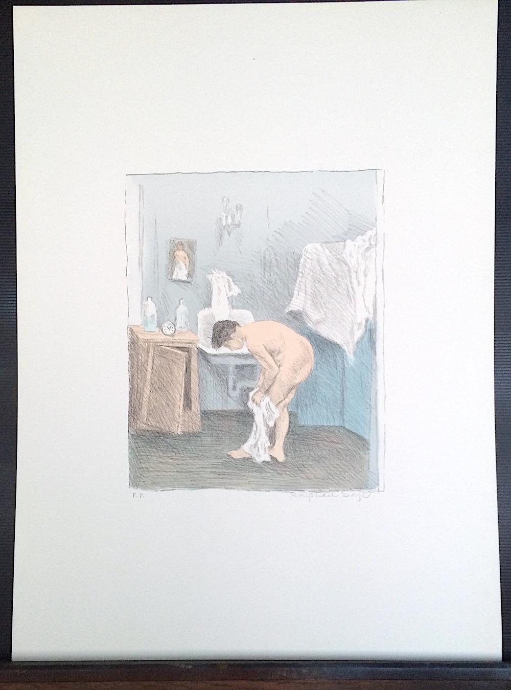 DESPUÉS DEL BAÑO Litografía firmada, Dibujo a lápiz Retrato desnudo, Mujer vistiéndose en venta 3