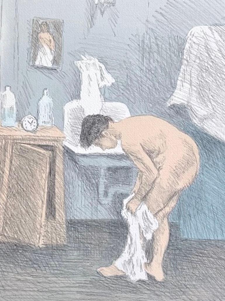 DESPUÉS DEL BAÑO Litografía firmada, Dibujo a lápiz Retrato desnudo, Mujer vistiéndose - Interior Print Gris de Raphael Soyer