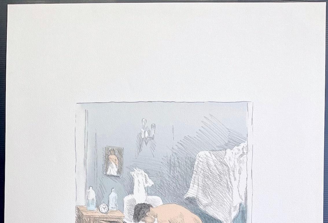 DESPUÉS DEL BAÑO Litografía firmada, Dibujo a lápiz Retrato desnudo, Mujer vistiéndose en venta 1