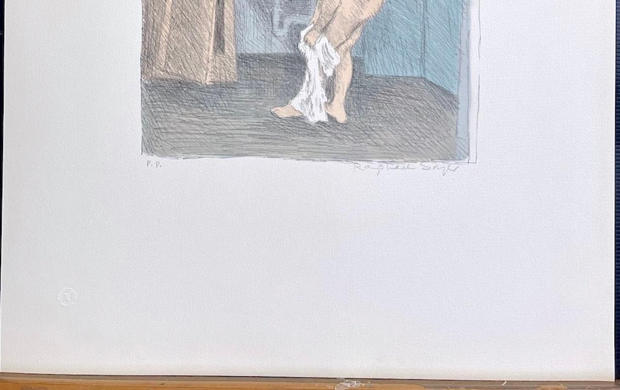 DESPUÉS DEL BAÑO Litografía firmada, Dibujo a lápiz Retrato desnudo, Mujer vistiéndose en venta 2
