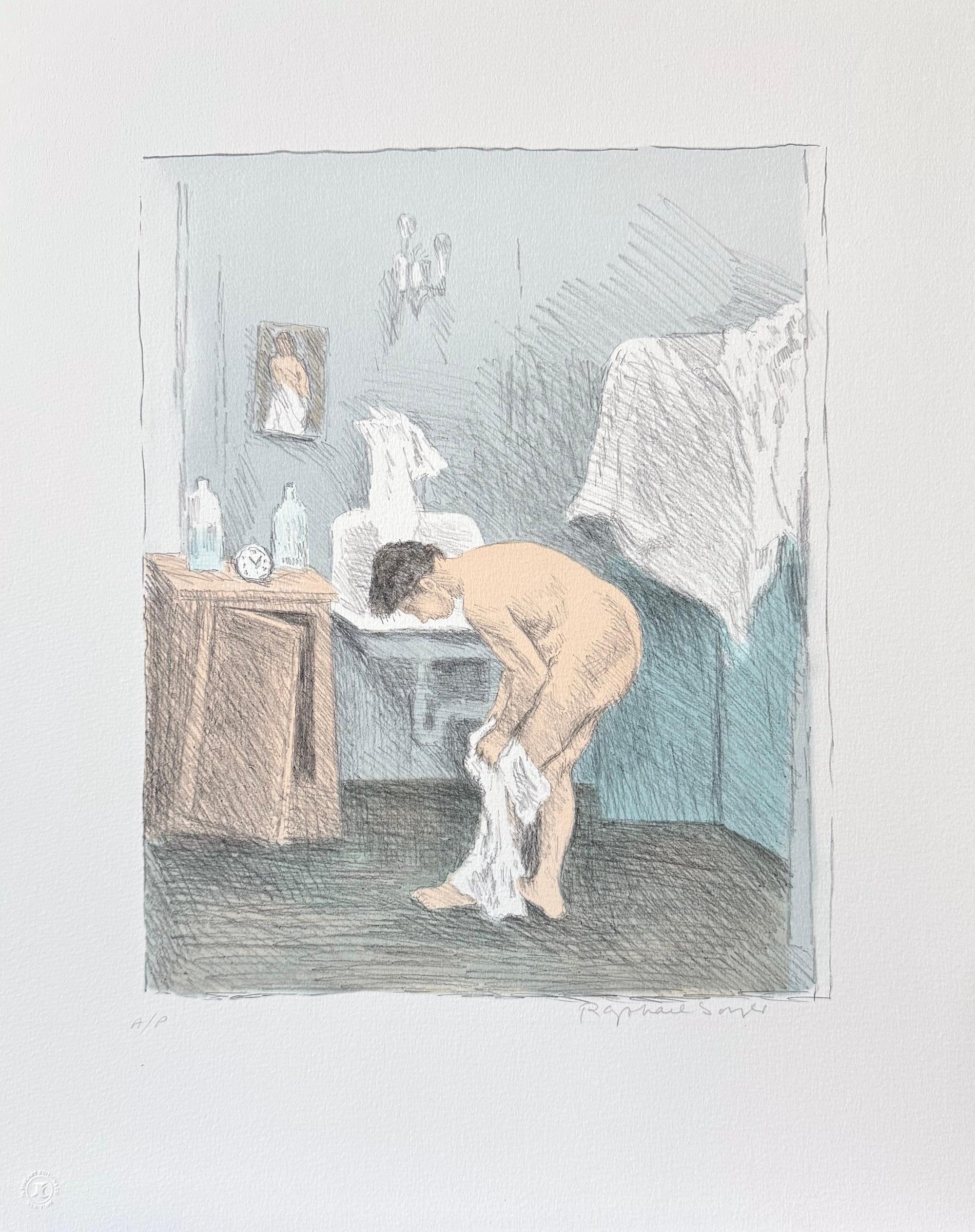 Signierte Lithographie „ AFTER THE BATH“, Bleistiftzeichnung, Aktporträt, Frau in Kleiderform