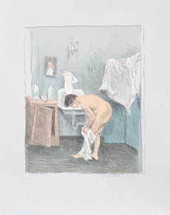 DOPO IL BAGNO Litografia firmata, Disegno a matita Ritratto di nudo, Donna che si veste