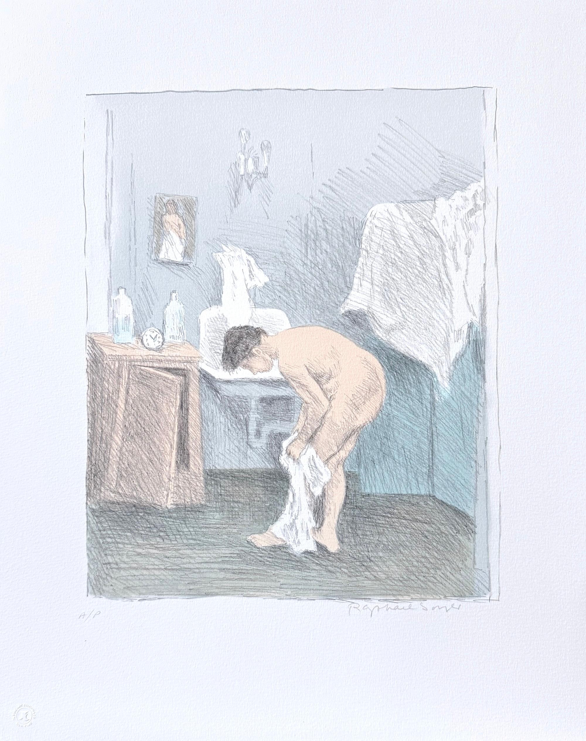 "After the Bath Signed Lithograph 1979, Realist Nude Portrait, 29x21"