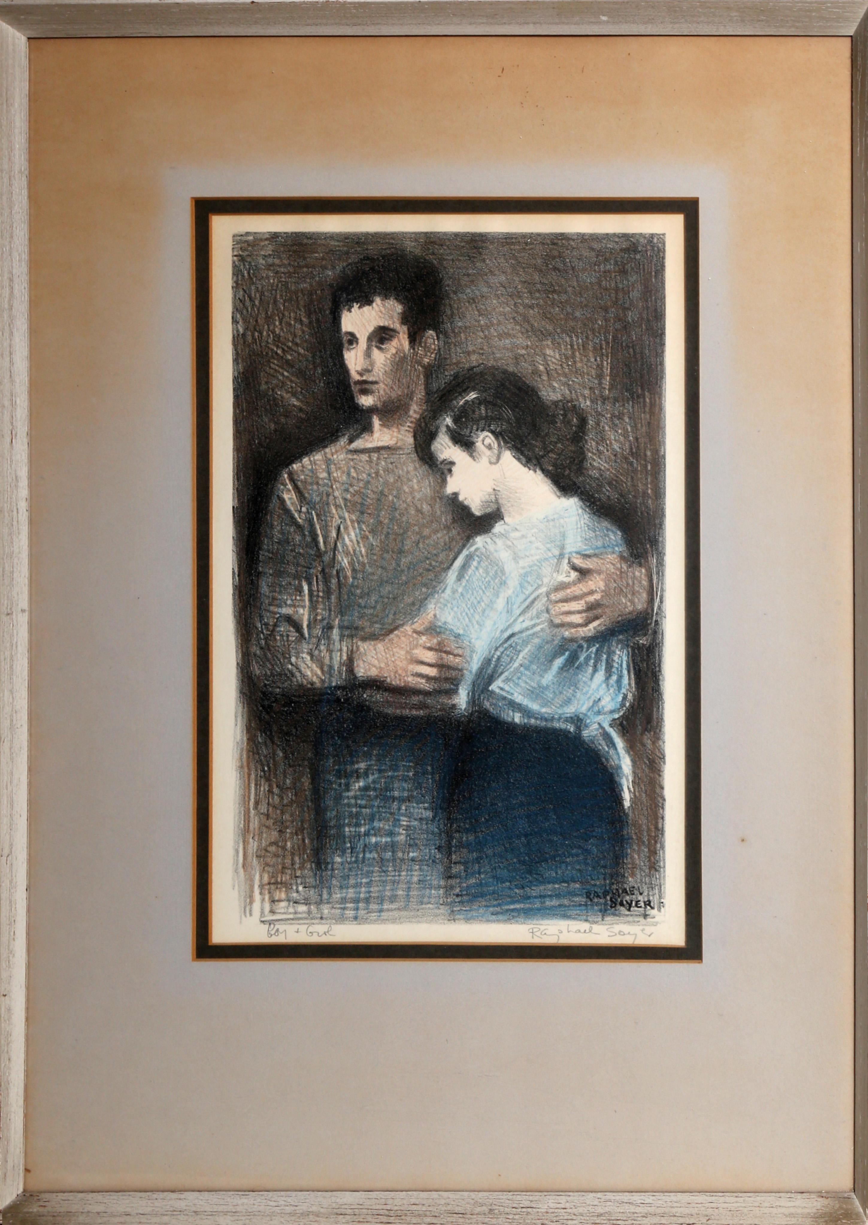 Artist: Raphael Soyer
Title: Boy and Girl
Year: circa 1950
Medium: Lithograph on paper, signed in pencil l.r.
Image Size: 12 x 7.5 in. (30.48 x 19.05 cm)
Frame Size: 21 x 15.5 inches

Reference: Fig. 68 in 