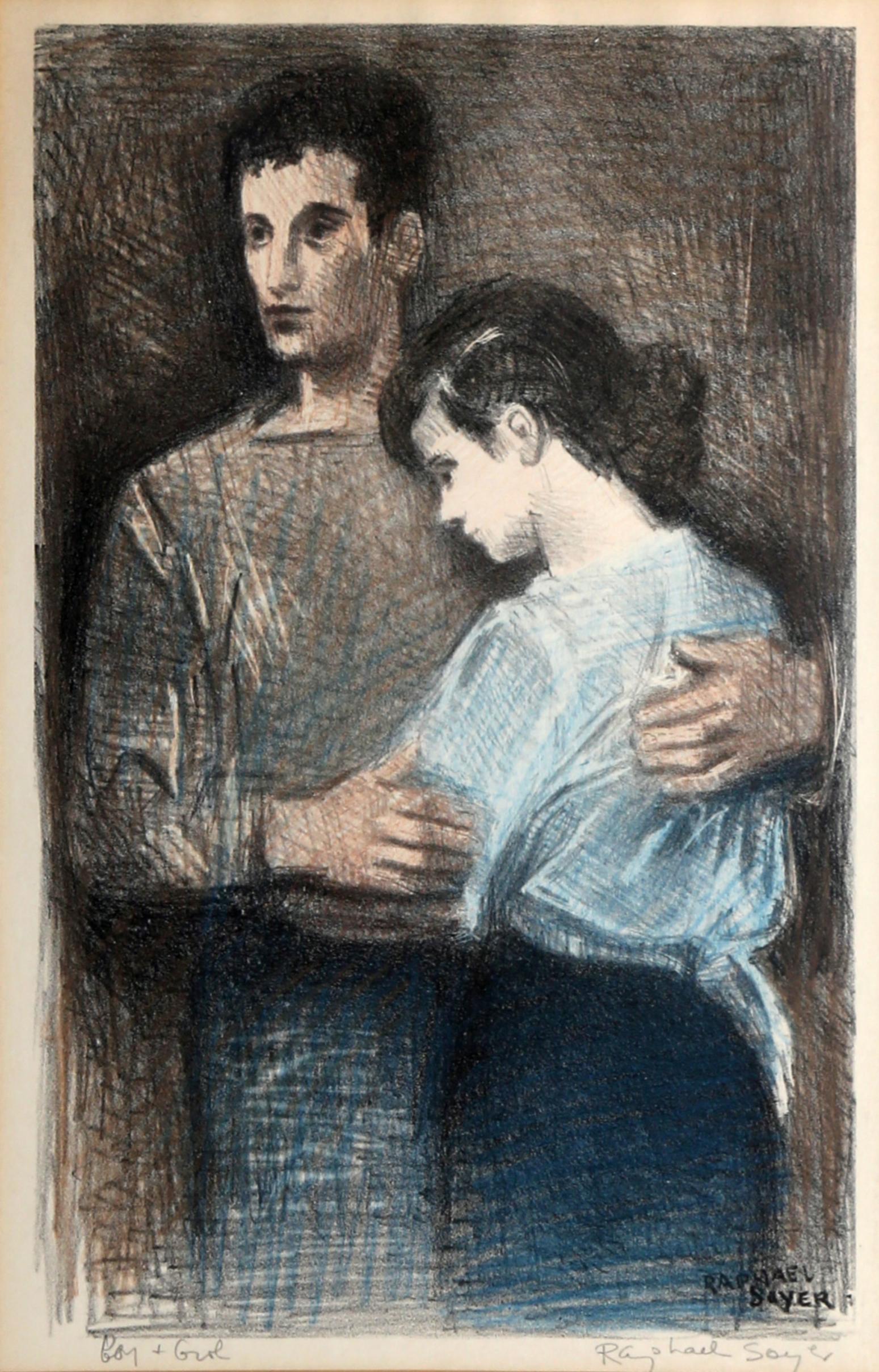 Artistics : Raphael Soyer
Titre : Garçon et fille
Année : vers 1950
Support : Lithographie sur papier, signée au crayon à gauche.
Taille de l'image : 12 x 7.5 in. (30.48 x 19.05 cm)
Taille du cadre : 21 x 15.5 pouces

Référence : Fig. 68 dans