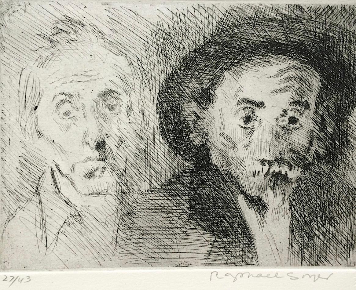 DOUBLE SELF PORTRAIT WITH HAT Signed Etching, Artist Portrait, Somber Man