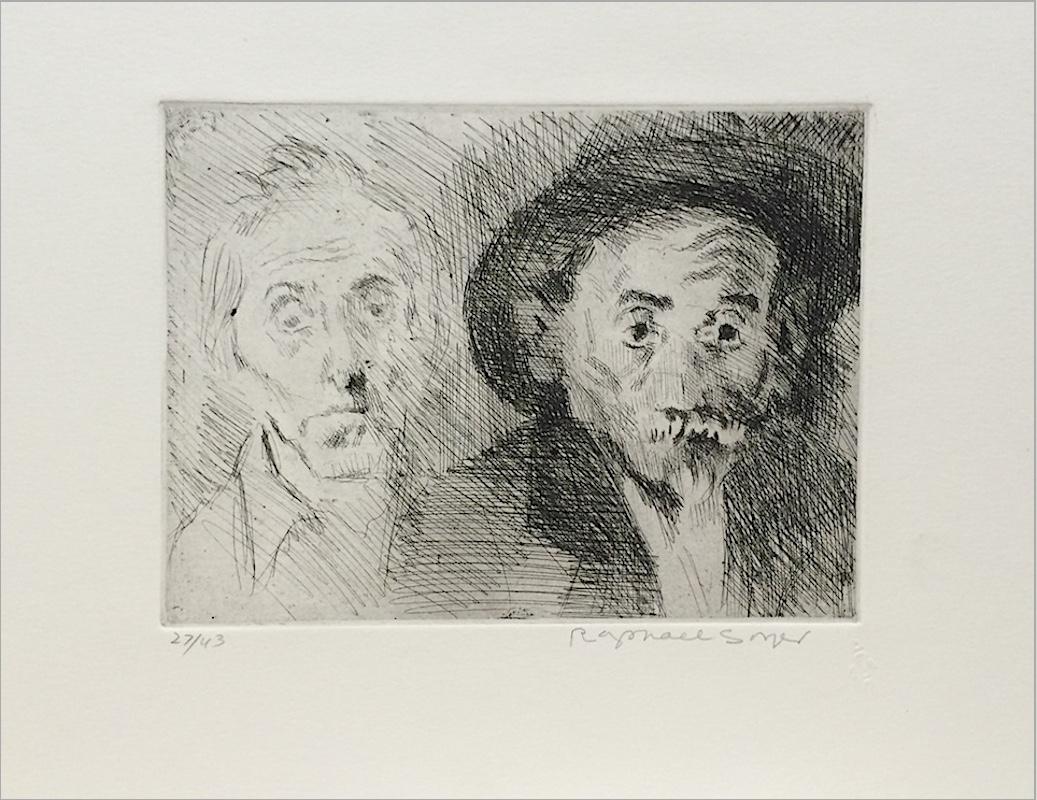 DOUBLE SELF PORTRAIT WITH HAT Signed Etching, Artist Portrait, Somber Man - Print by Raphael Soyer