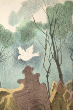 Paloma en el cementerio, litografía de Raphael Soyer
