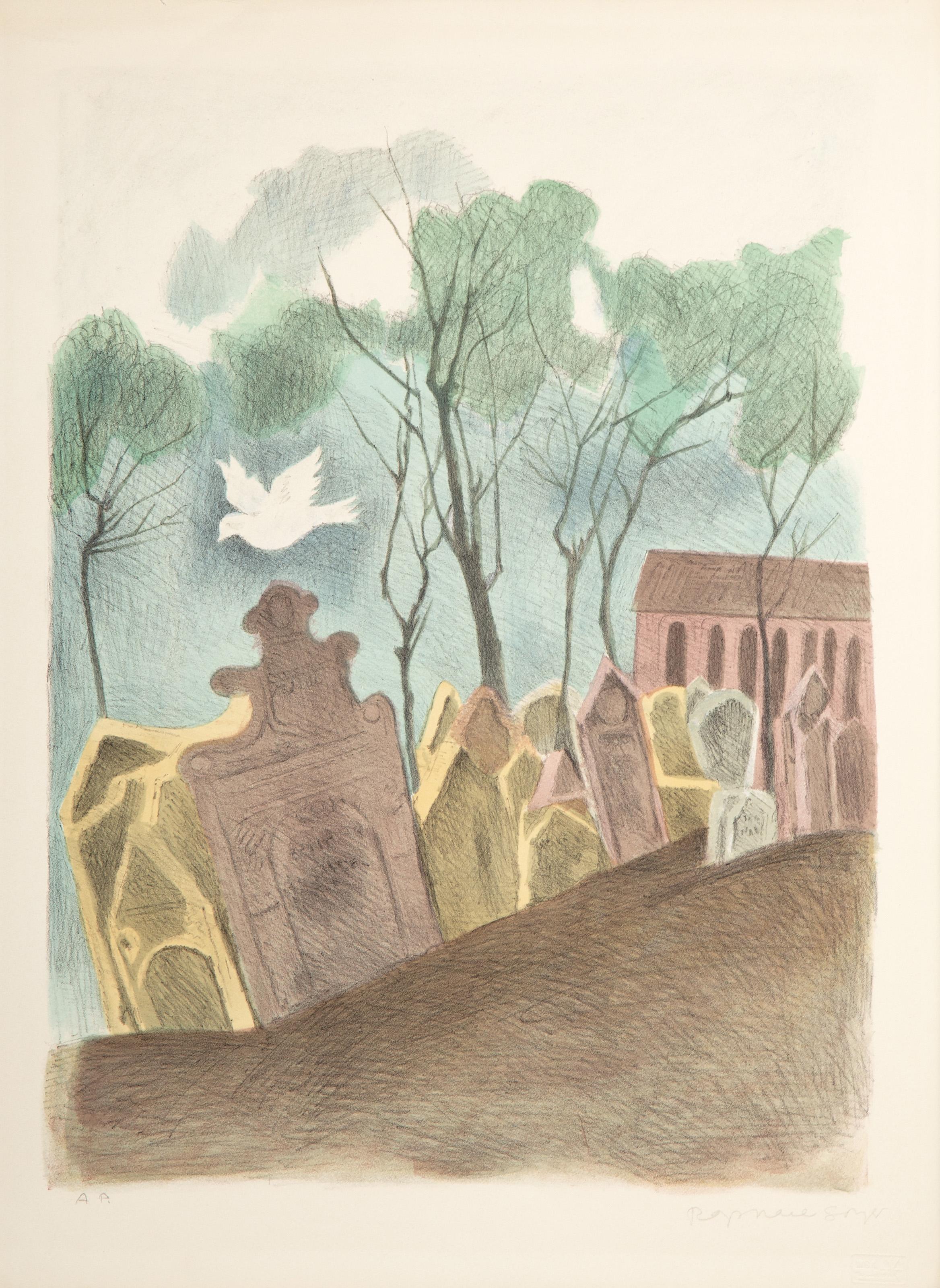 Raphael Soyer, Russian/American (1899 - 1987) -  Dove in Graveyard. Year: 1970, Medium: Lithograph, signed and numbered in pencil, Edition: AP, Image Size: 22 x 16.5 inches, Size: 26 x 19 in. (66.04 x 48.26 cm), Publisher: Touchstone Publishers, NY 