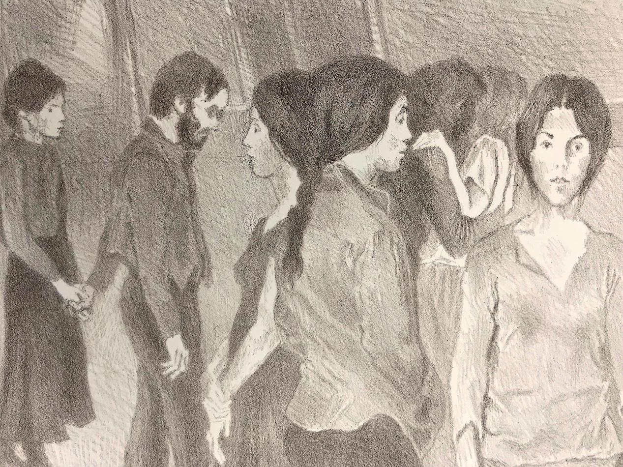 GATHERING Signed Stone Lithograph, NYC Group Portrait Drawing, Light Brown - Print by Raphael Soyer