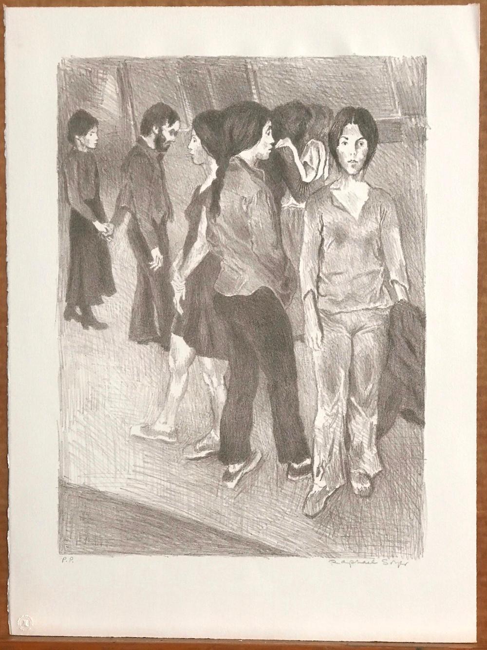 GATHERING Signed Stone Lithograph, NYC Group Portrait Drawing, Light Brown - Realist Print by Raphael Soyer