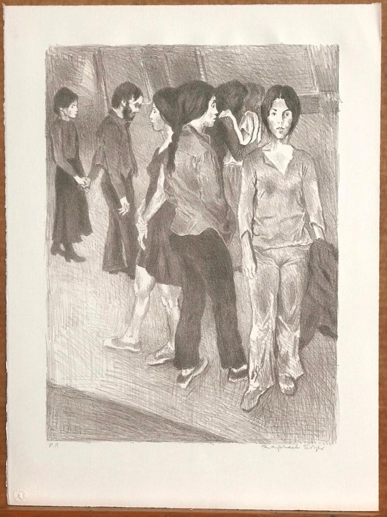 GATHERING Signed Stone Lithograph, NYC Group Portrait Drawing, Light Brown For Sale 1