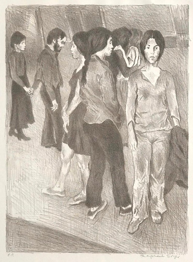 Raphael Soyer Portrait Print - GATHERING Signed Stone Lithograph, NYC Group Portrait Drawing, Light Brown