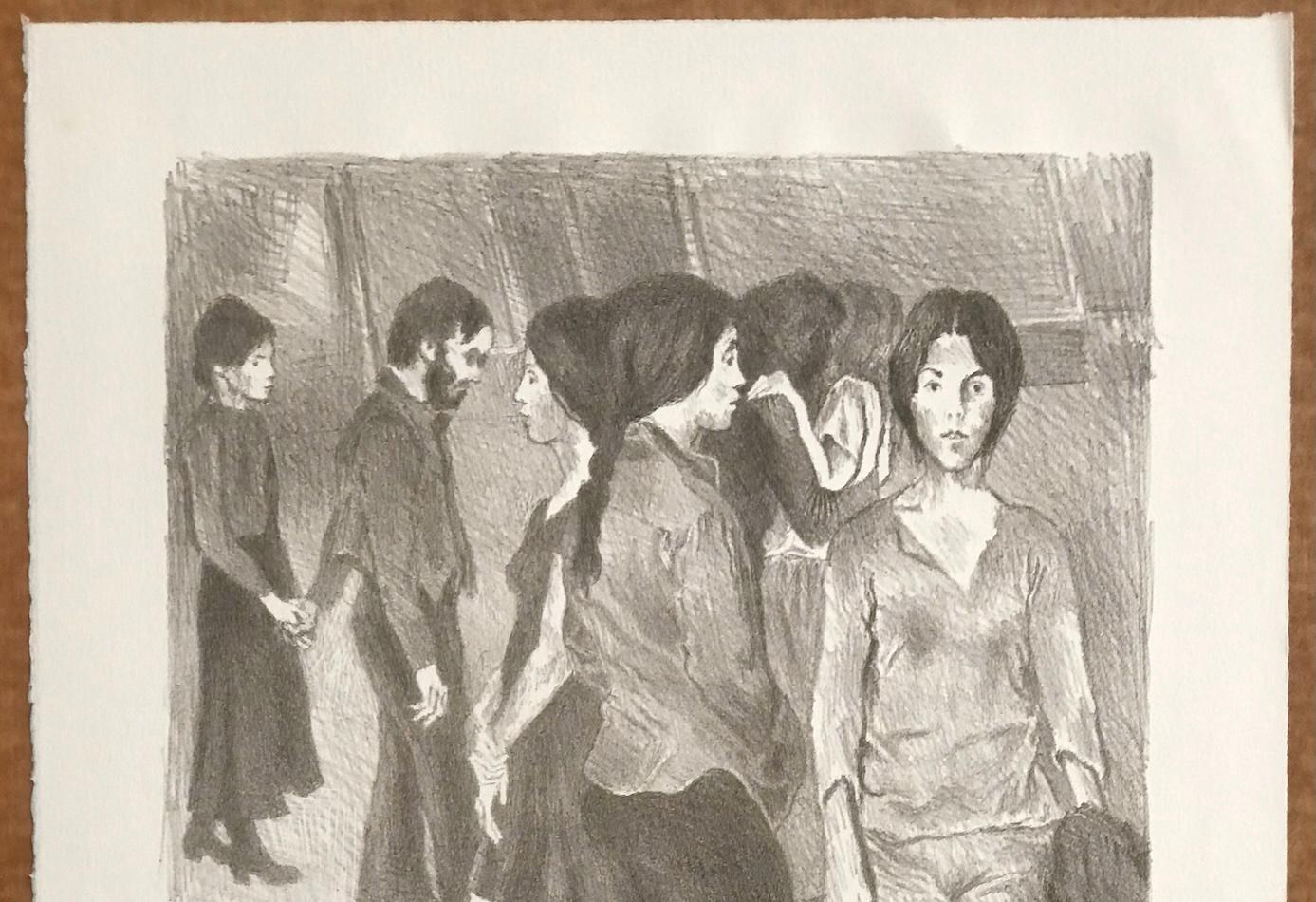 REUNIÓN Litografía firmada Stone, NYC Retrato de grupo Dibujo, Marrón en venta 2