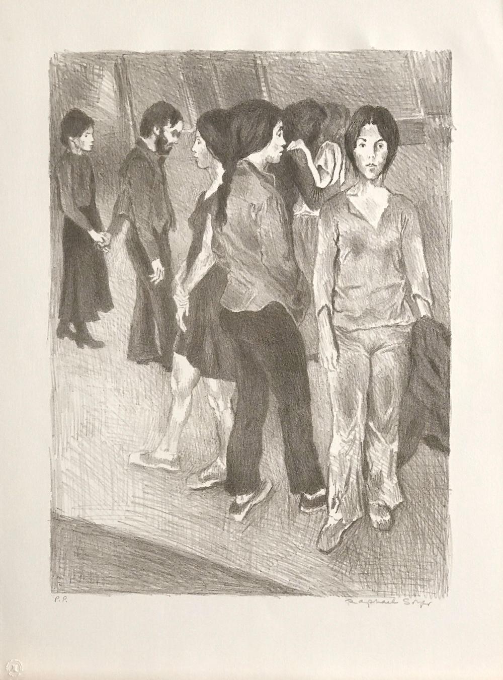 Portrait Print de Raphael Soyer - REUNIÓN Litografía firmada Stone, NYC Retrato de grupo Dibujo, Marrón