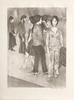 GATHERING Signed Stone Lithograph, NYC Group Portrait Drawing, Brown