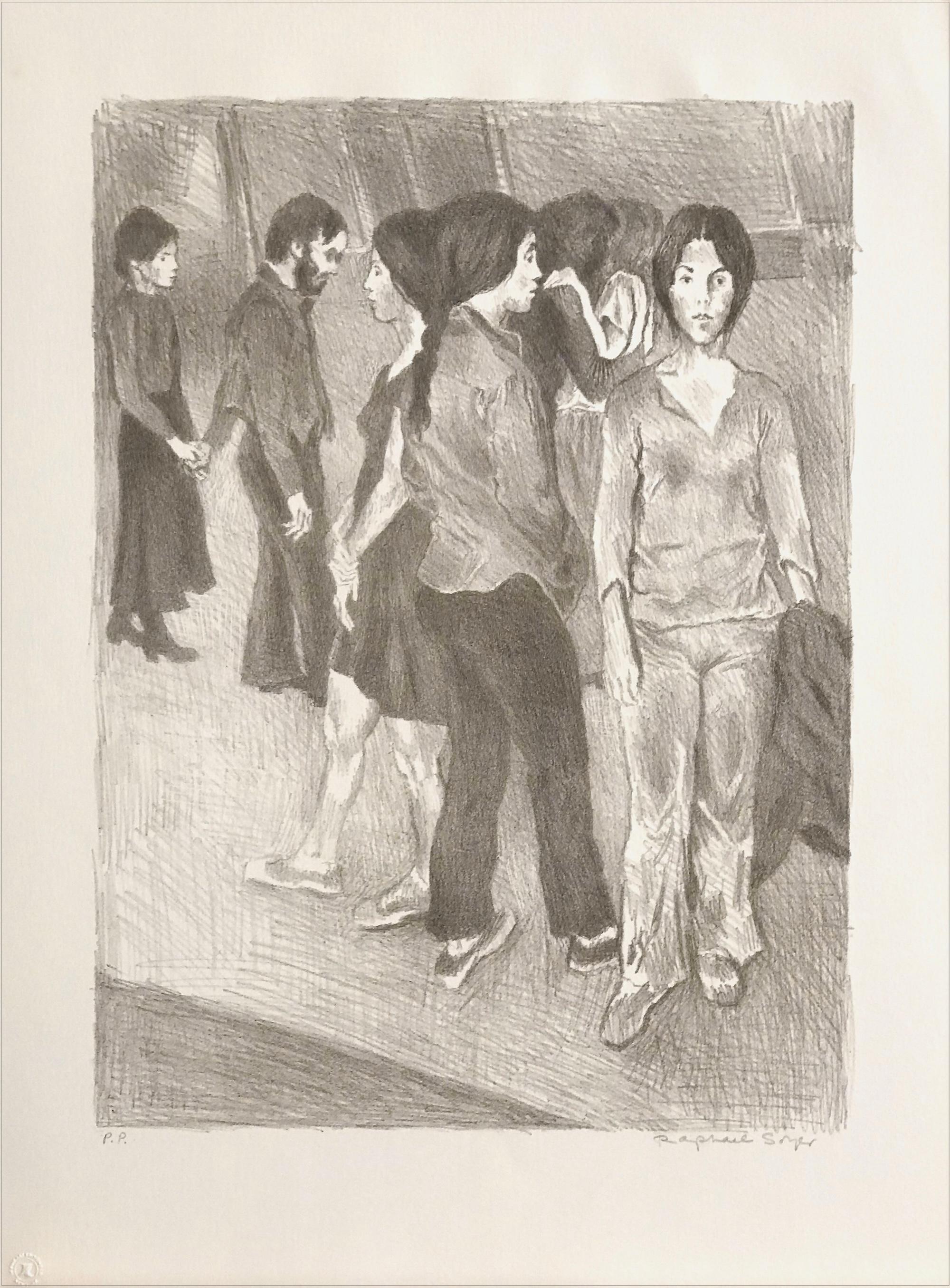 Raphael Soyer Portrait Print – GATHERING Signierte Stone-Lithografie, NYC Gruppenporträt-Zeichnung, Brown