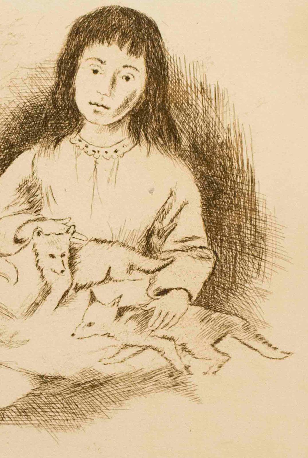 Jeune fille avec des renards - Beige Animal Print par Raphael Soyer