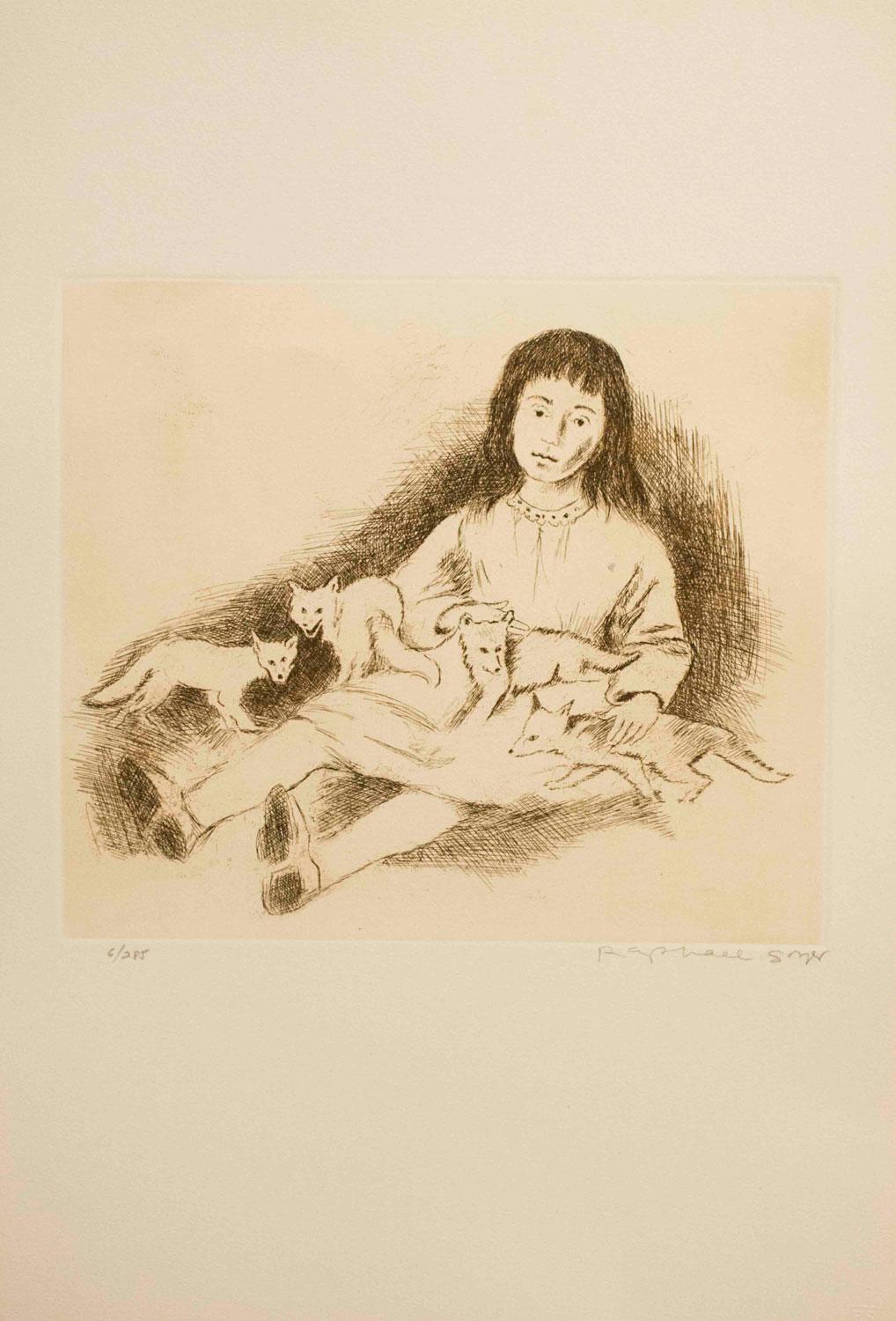 Raphael Soyer Animal Print - Girl with Foxes