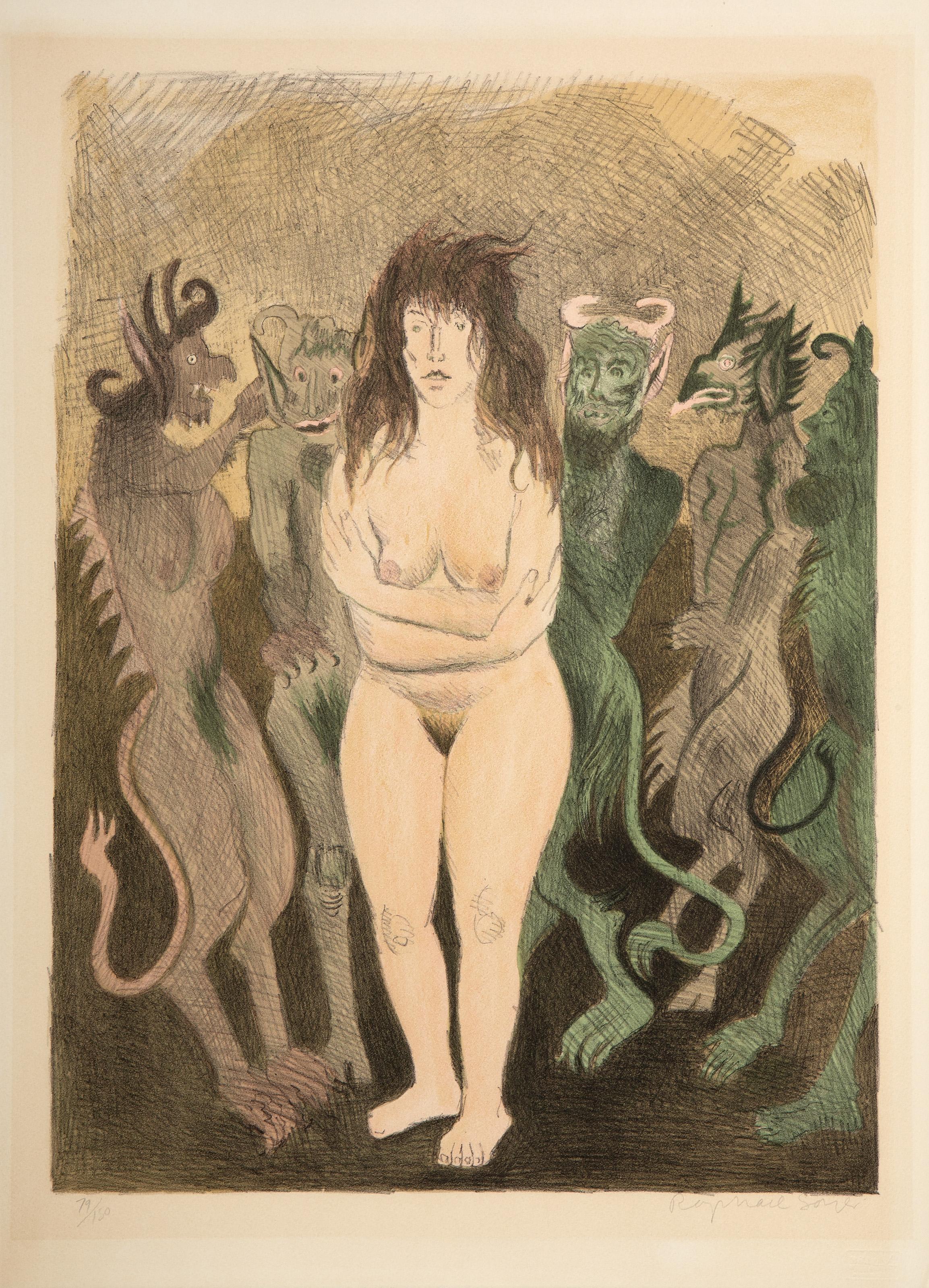 Nu avec démons, lithographie surréaliste signée par Raphael Soyer