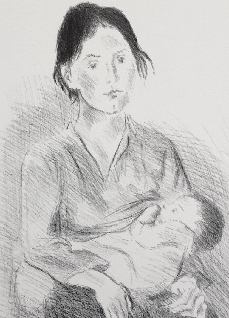 NURSING MOTHER SEATED Signed Lithograph, Portrait Drawing, Baby Breastfeeding - Print by Raphael Soyer