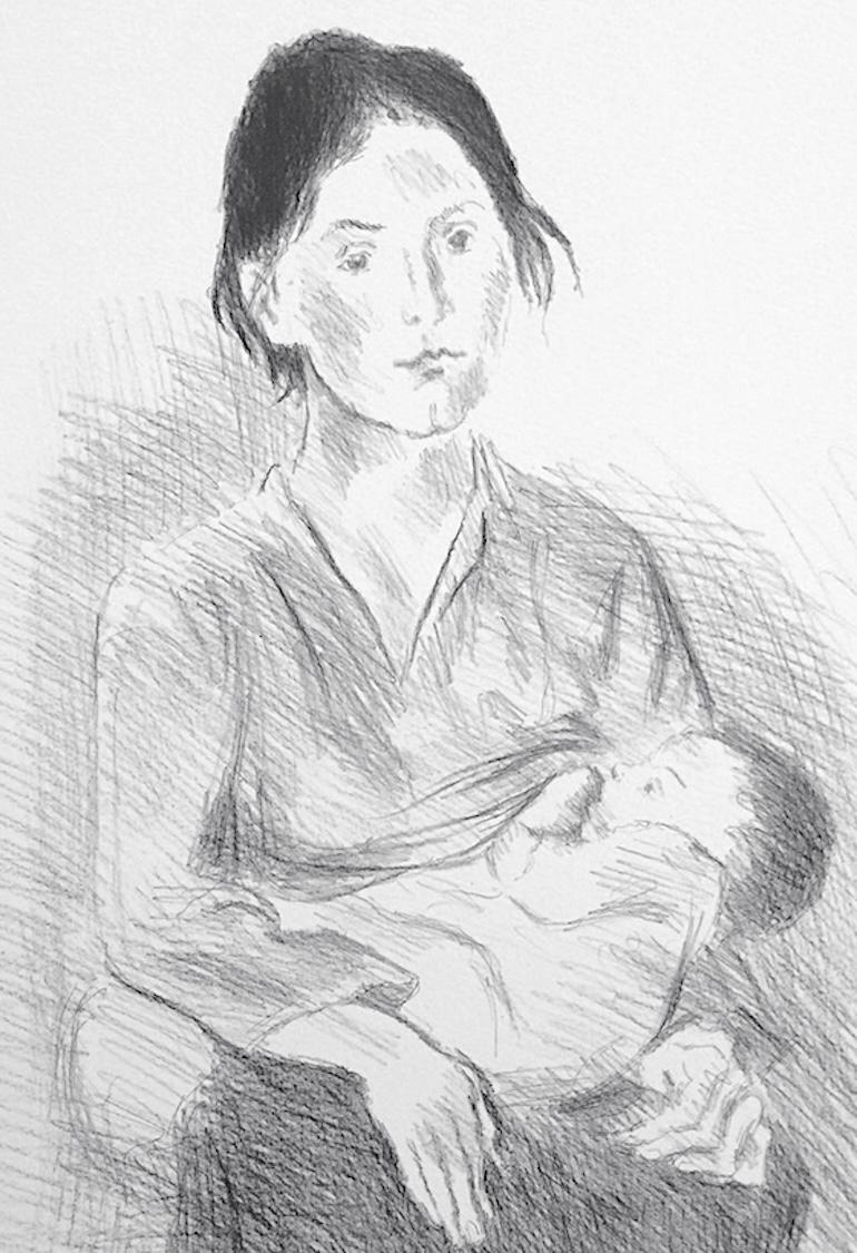 MADRE ENFERMERA SENTADA Litografía firmada, Dibujo Retrato, Bebé amamantando - Print Realista de Raphael Soyer