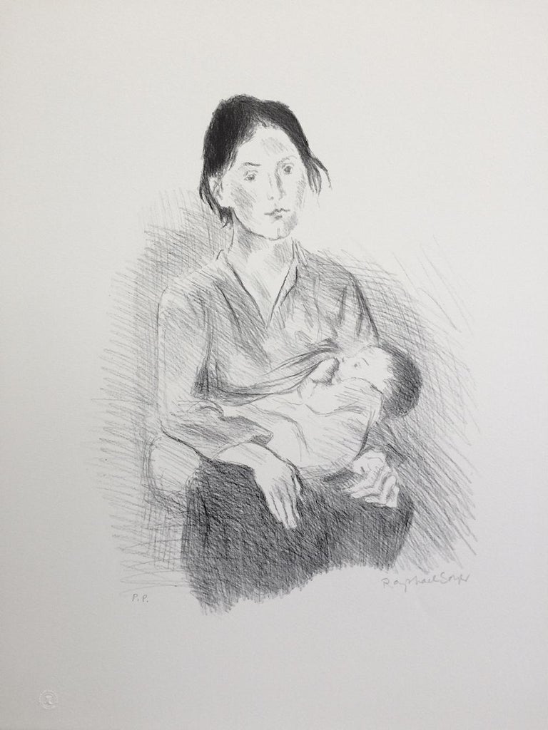 NURSING MOTHER SEATED Signed Lithograph, Portrait Drawing, Baby Breastfeeding - Gray Interior Print by Raphael Soyer