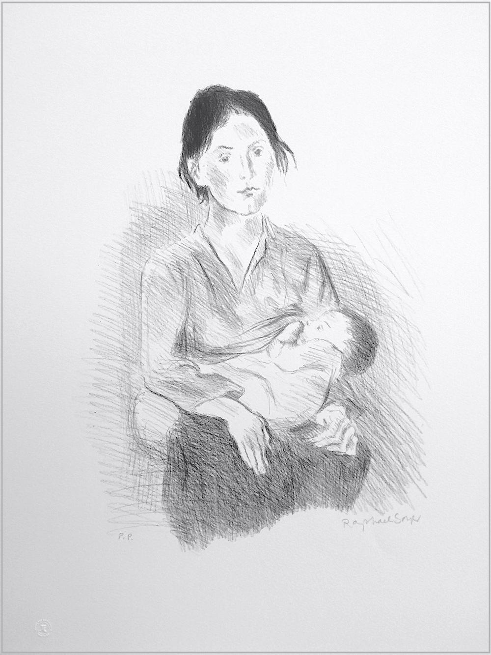 NURSING MOTHER SEATED Signed Lithograph, Portrait Drawing, Baby Breastfeeding