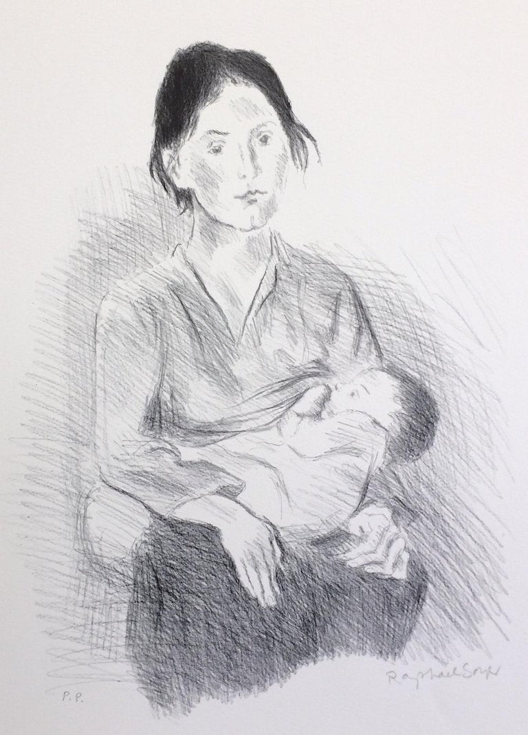 Raphael Soyer Interior Print - NURSING MOTHER SEATED Signed Lithograph, Portrait Drawing, Baby Breastfeeding