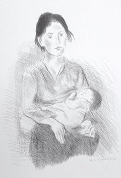Vintage NURSING MOTHER SEATED Signed Lithograph, Portrait Drawing, Baby Breastfeeding