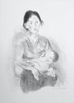 Signierte Lithografie „Stillende Mutter“, realistisches Porträt, Auflage von 1979