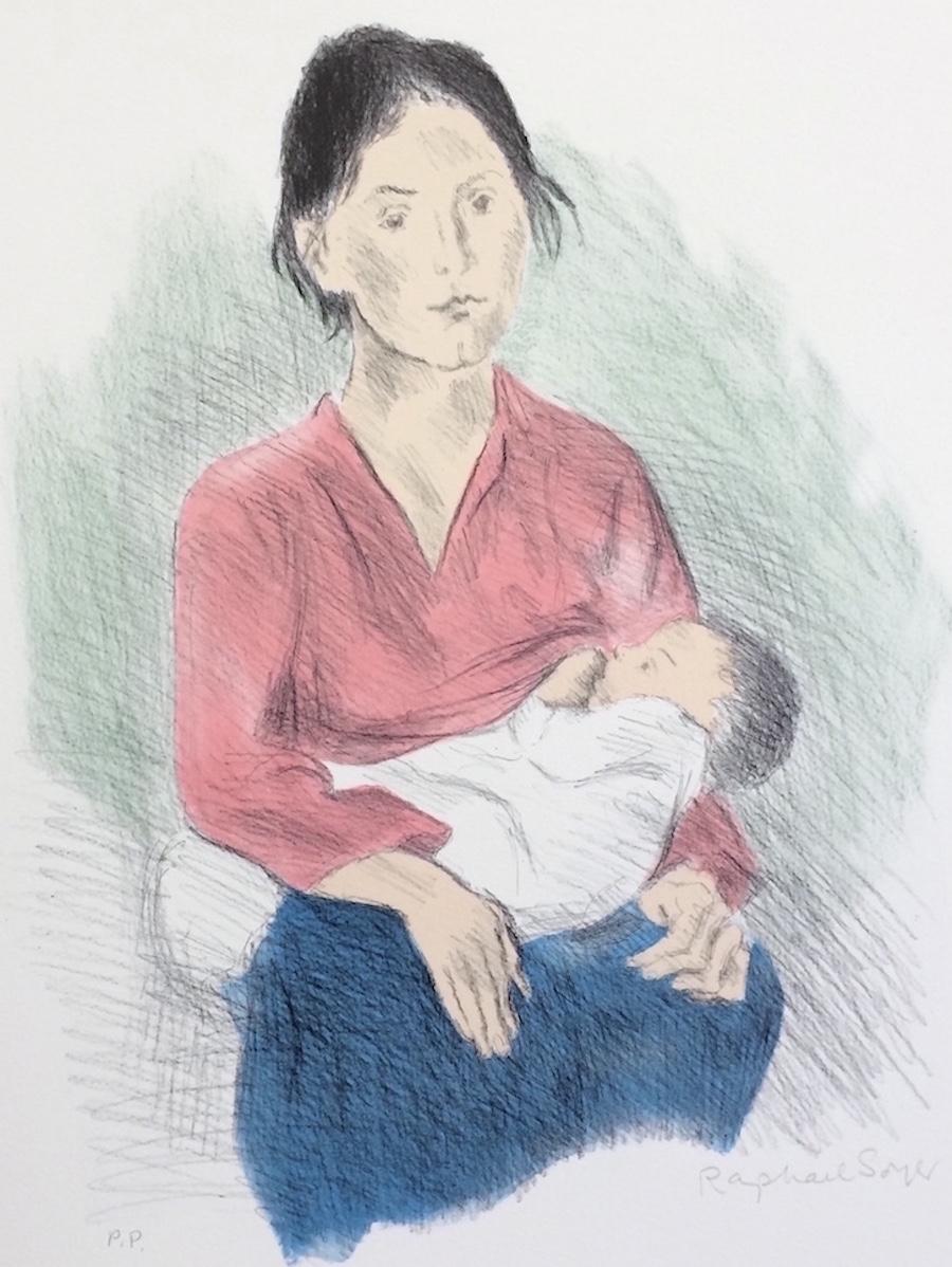 NURSING MOTHER SEATED Signed Lithograph, Woman Breastfeeding Baby, Realism - Print by Raphael Soyer