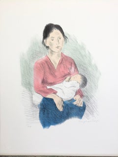 NURSING MOTHER SEATED Signed Lithograph, Woman Breastfeeding Baby, Realism