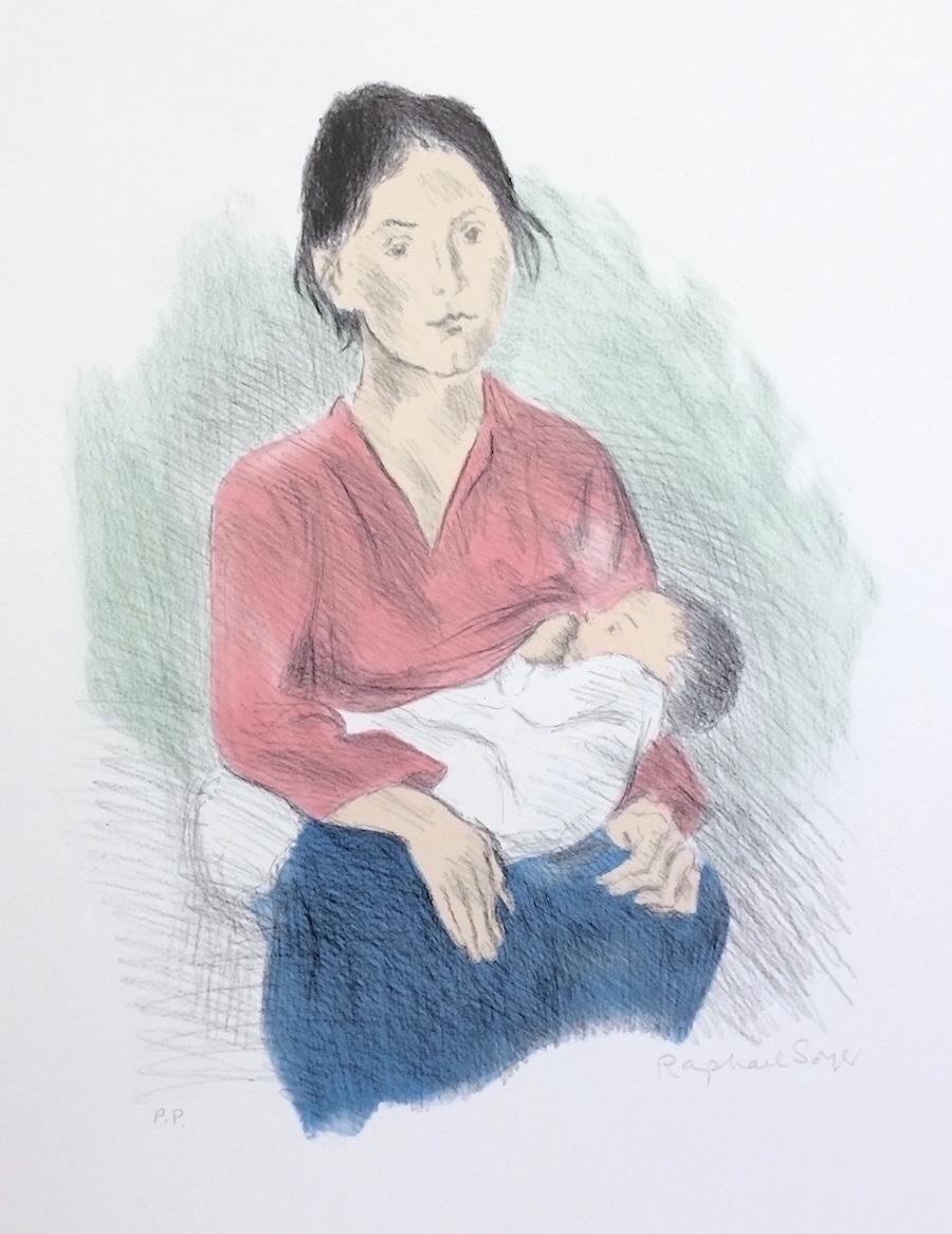 NURSING MOTHER SEATED Signierte Lithographie, Säuglingsfütterung, Baby, Realismus