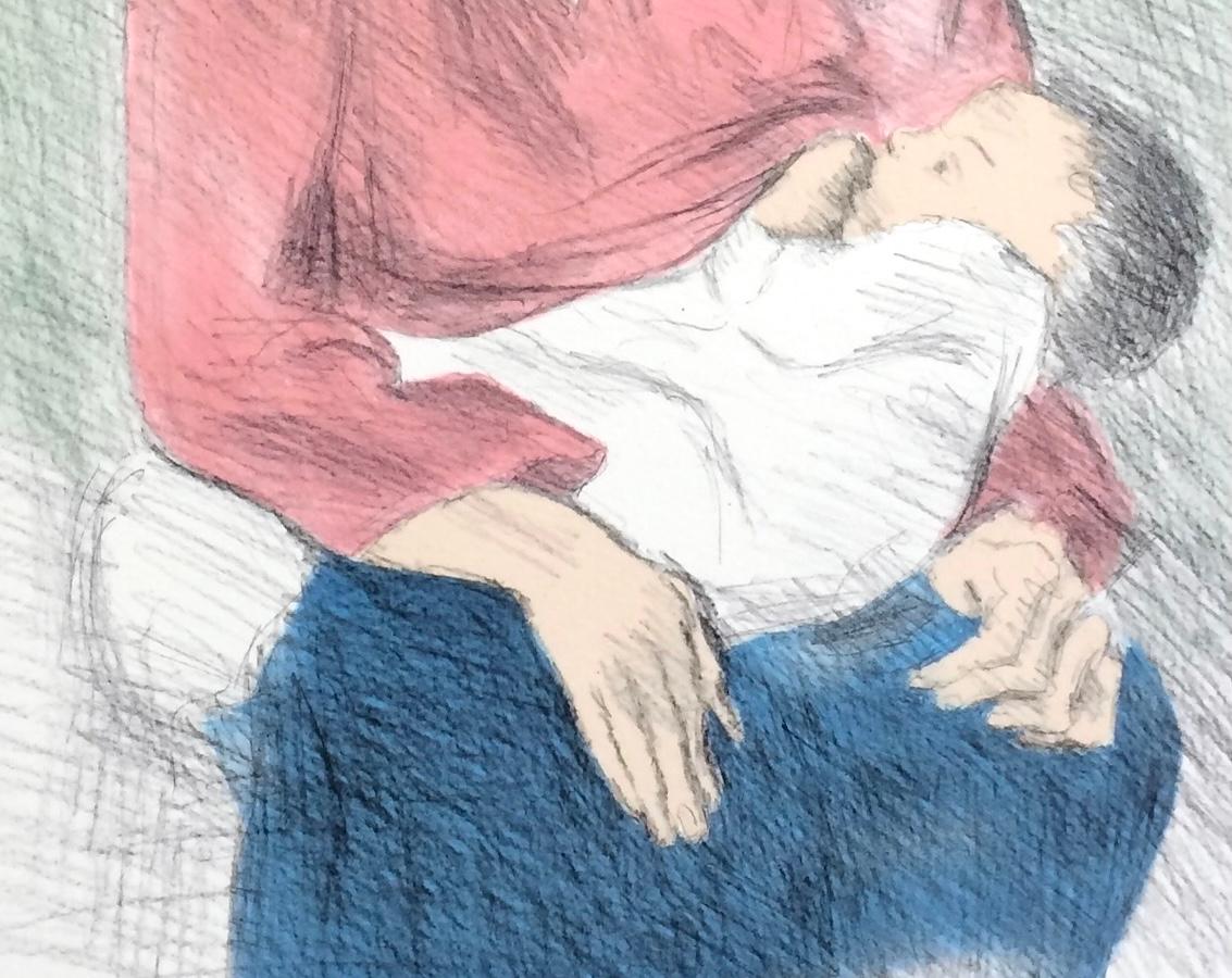 MADRE IN ALLATTAMENTO SEDUTA Litografia firmata, Donna che allatta il bambino, Realismo in vendita 1