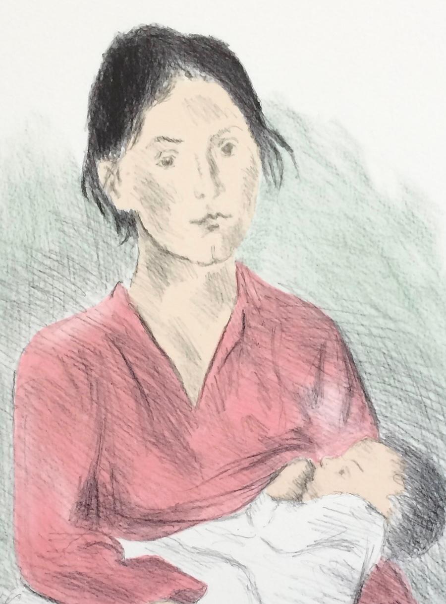 NURSING MOTHER SEATED è una litografia originale disegnata a mano (non riprodotta digitalmente o con foto) in edizione limitata dell'artista Raphael Soyer - pittore del realismo sociale russo/americano, 1899-1987. Stampato con tecniche tradizionali