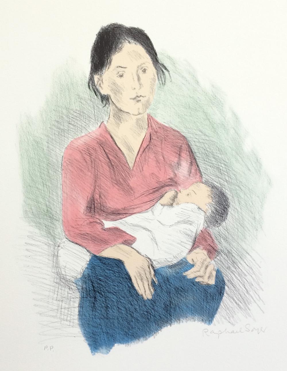 NURSING MOTHER SEATED Signed Lithograph, Woman Breastfeeding Baby, Realism