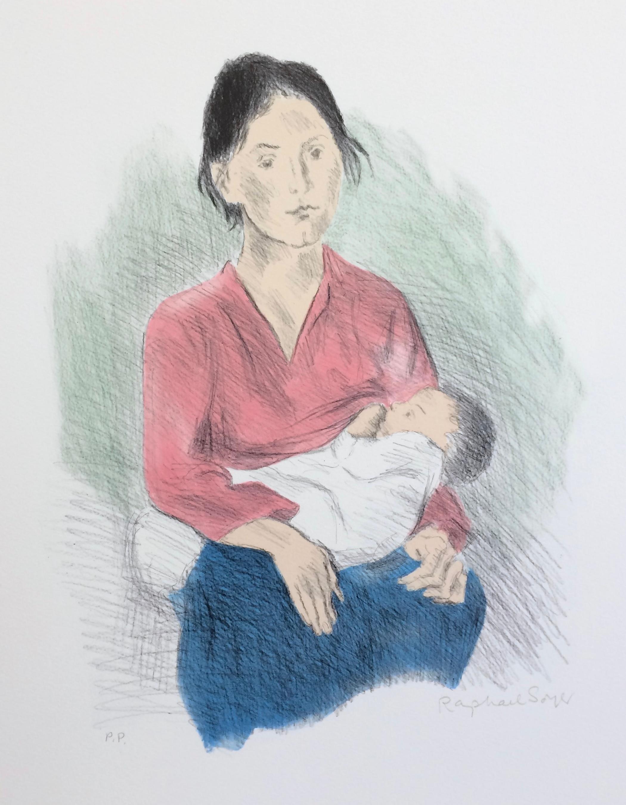 MADRE IN ALLATTAMENTO SEDUTA Litografia firmata, Donna che allatta il bambino, Realismo