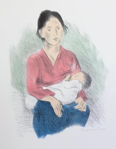 MADRE IN ALLATTAMENTO SEDUTA Litografia firmata, Donna che allatta il bambino, Realismo