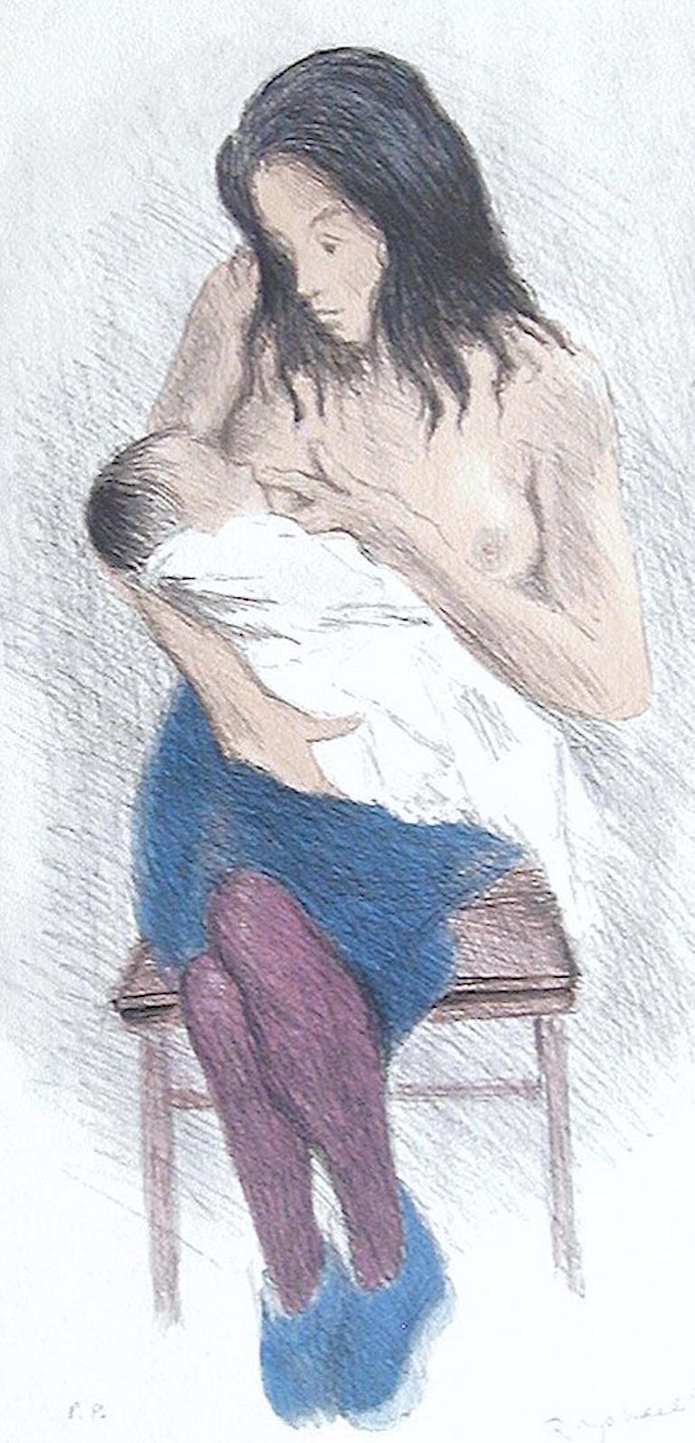 MADRE ENFERMERA, Litografía firmada, Maternidad, Realismo social, Arte de la lactancia materna - Figurative Print Gris de Raphael Soyer