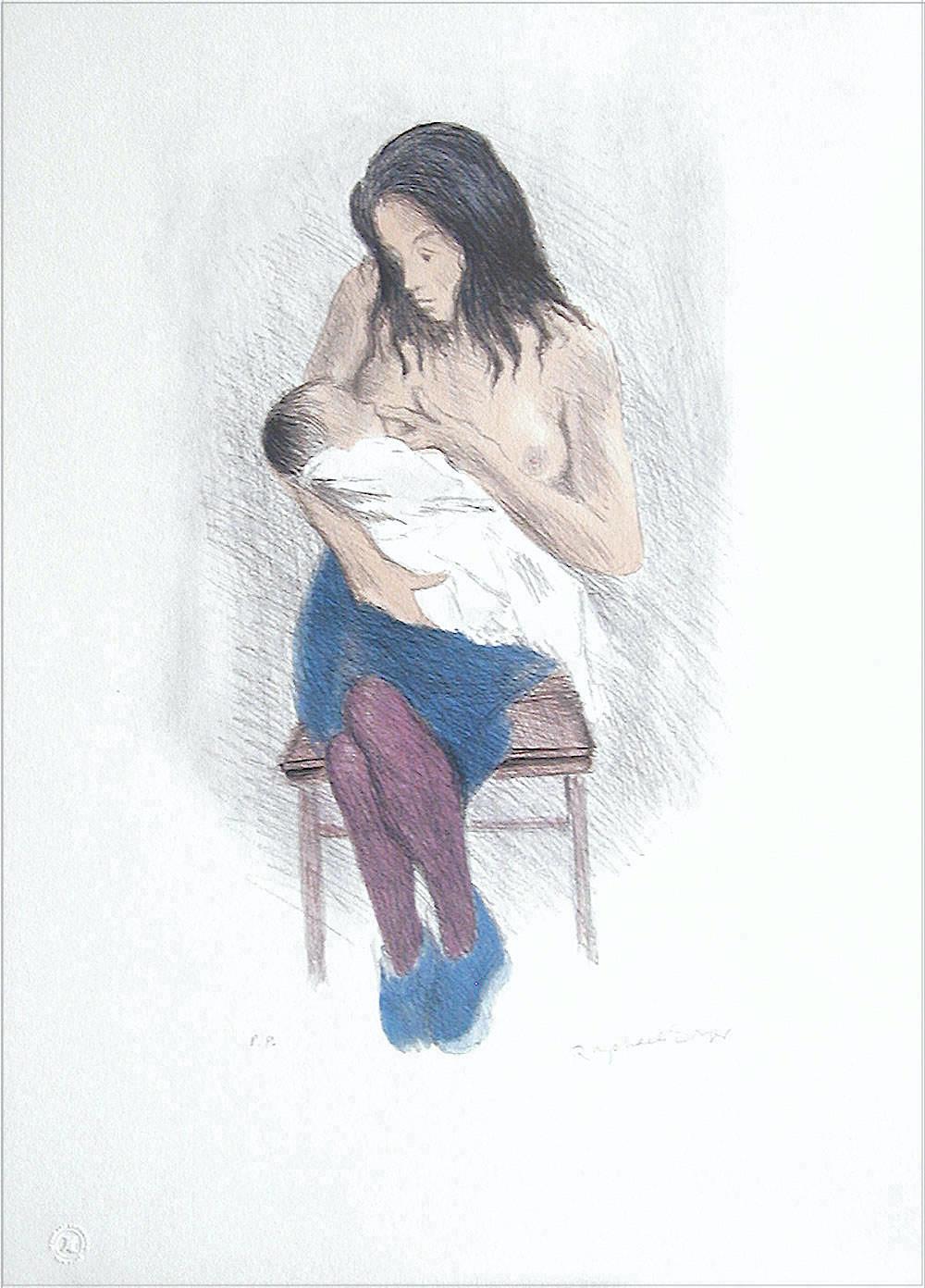 NURSING MOTHER, Signed Lithograph, Motherhood, Social Realism, Breastfeeding Art - Realist Print by Raphael Soyer