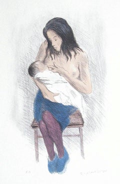 NURSING MOTHER, Signed Lithograph, Motherhood, Social Realism, Breastfeeding Art