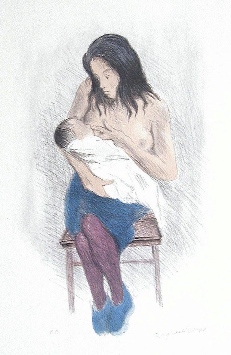 Raphael Soyer Portrait Print - NURSING MOTHER, Signed Lithograph, Motherhood, Social Realism, Breastfeeding Art