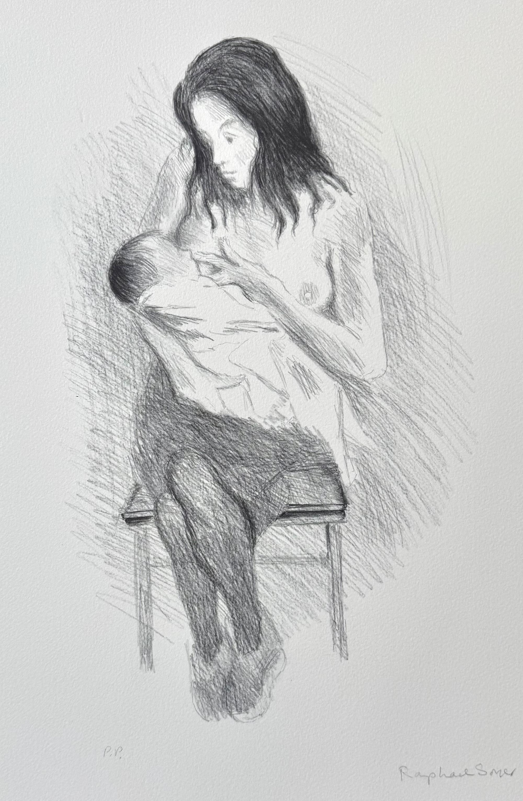 NURSING MOTHER, Signierte Lithographie, Realistische Zeichnung, Sitzende Frau beim Stillen – Print von Raphael Soyer
