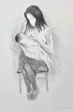 NURSING MOTHER, Signed Lithograph, Realist Drawing, Seated Woman Breastfeeding