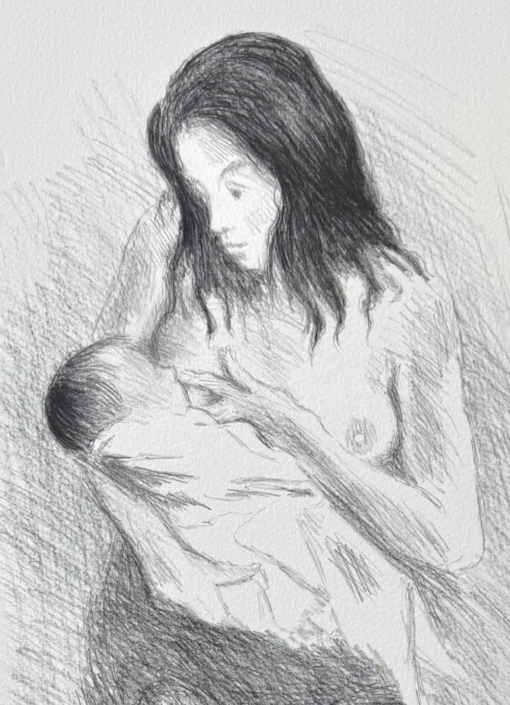 NURSING MOTHER, Signierte Lithographie, Realistische Zeichnung, Sitzende Frau beim Stillen im Angebot 2