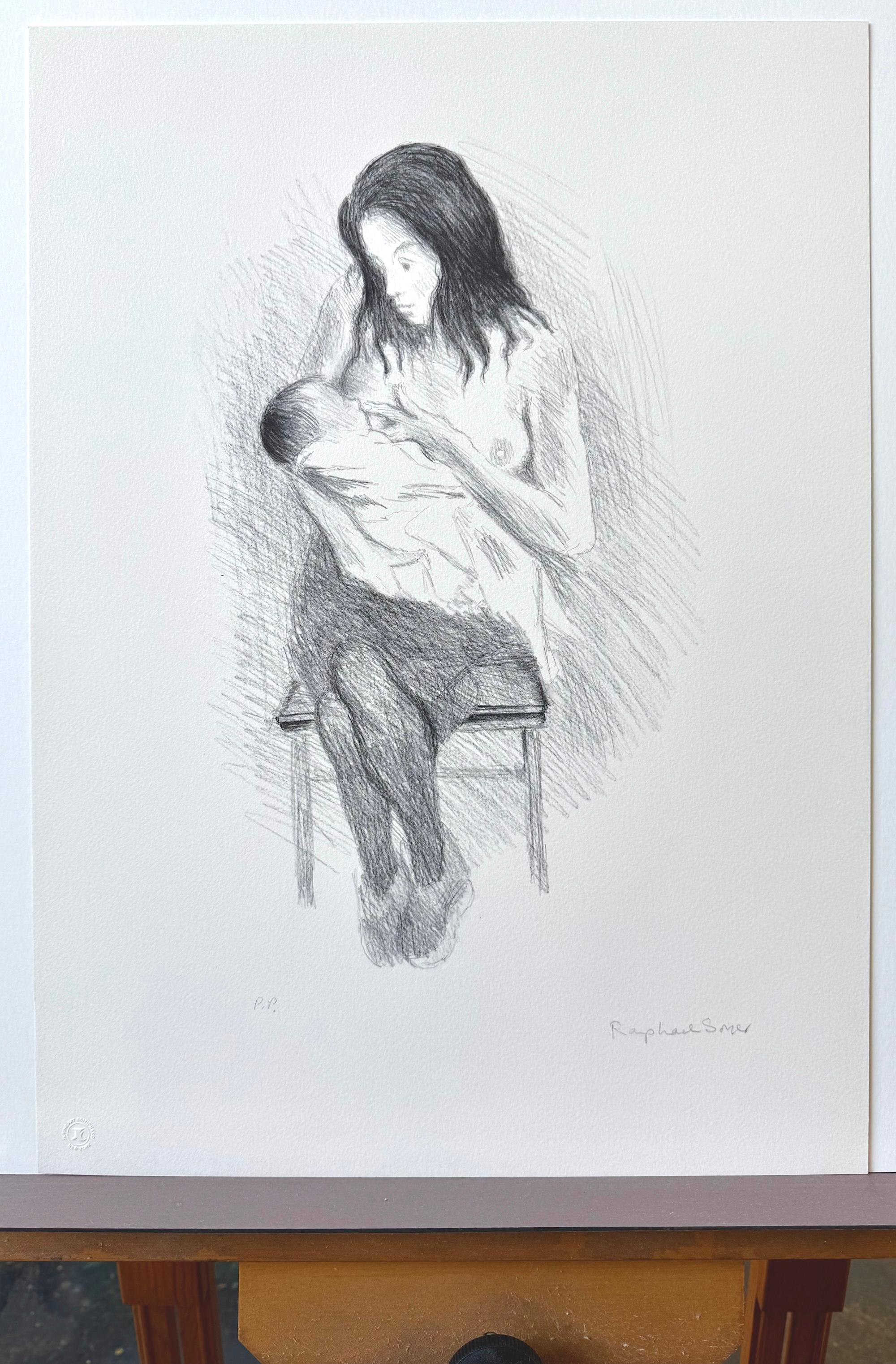 NURSING MOTHER, Signierte Lithographie, Realistische Zeichnung, Sitzende Frau beim Stillen im Angebot 3